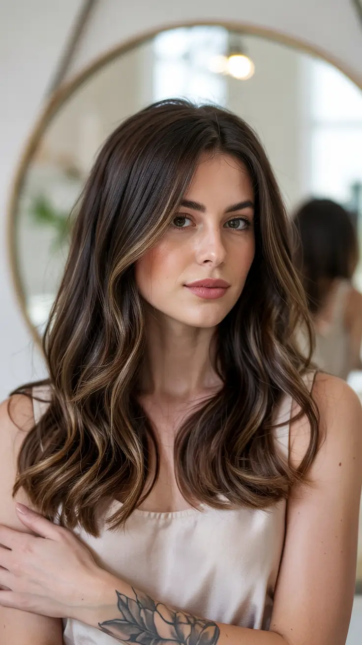 brunette hair colors 2026+Cafe Mocha Waves with Ribboned Balayage
