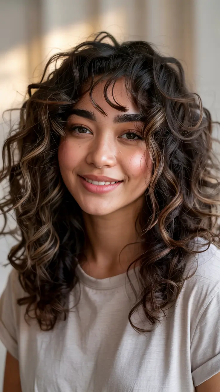brunette hair colors 2026+Soft Curly Layers with Sun-Kissed Bronze Accents
