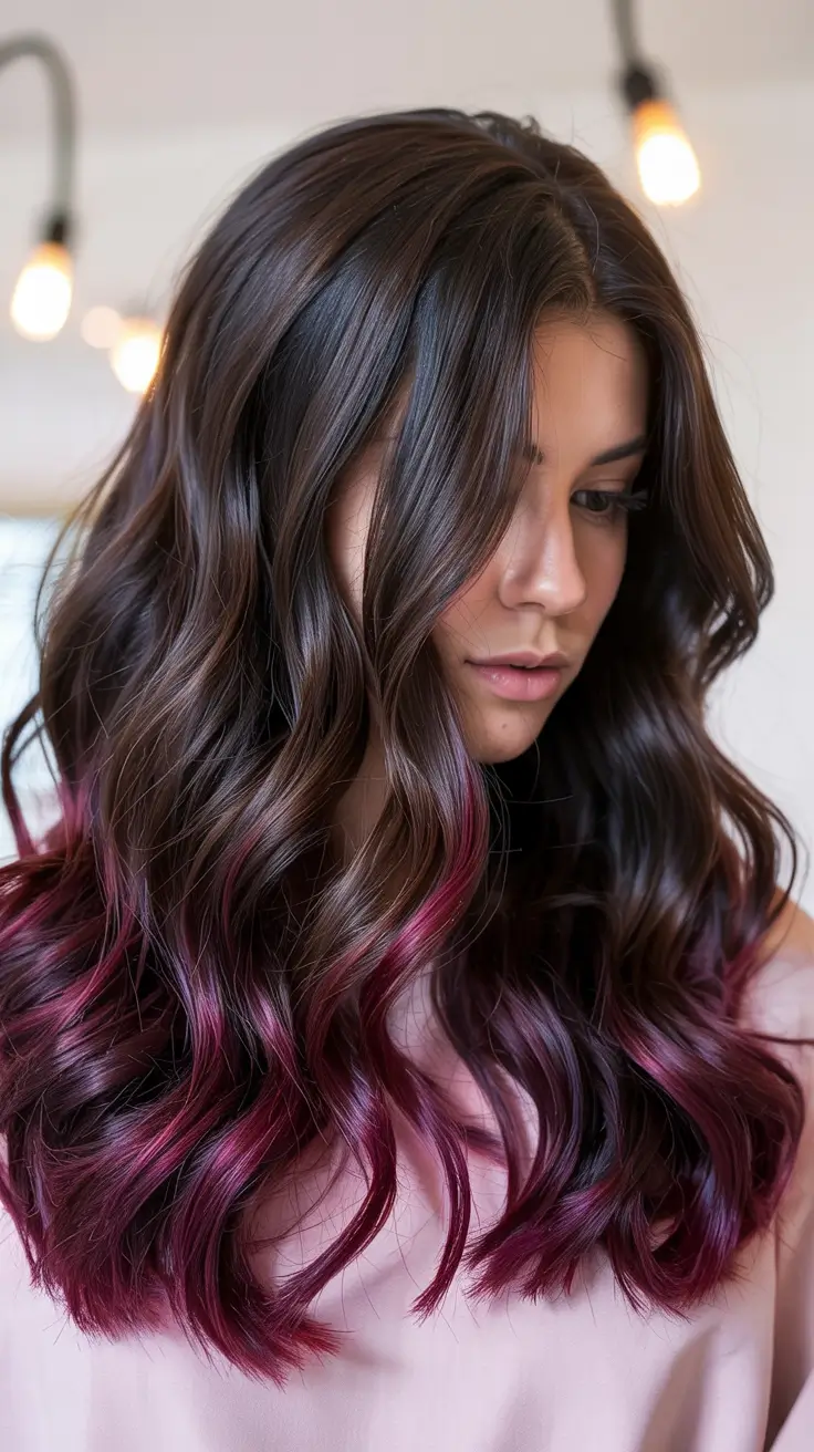 brunette hair colors 2026+Chocolate-to-Plum Melt with Berry Ends