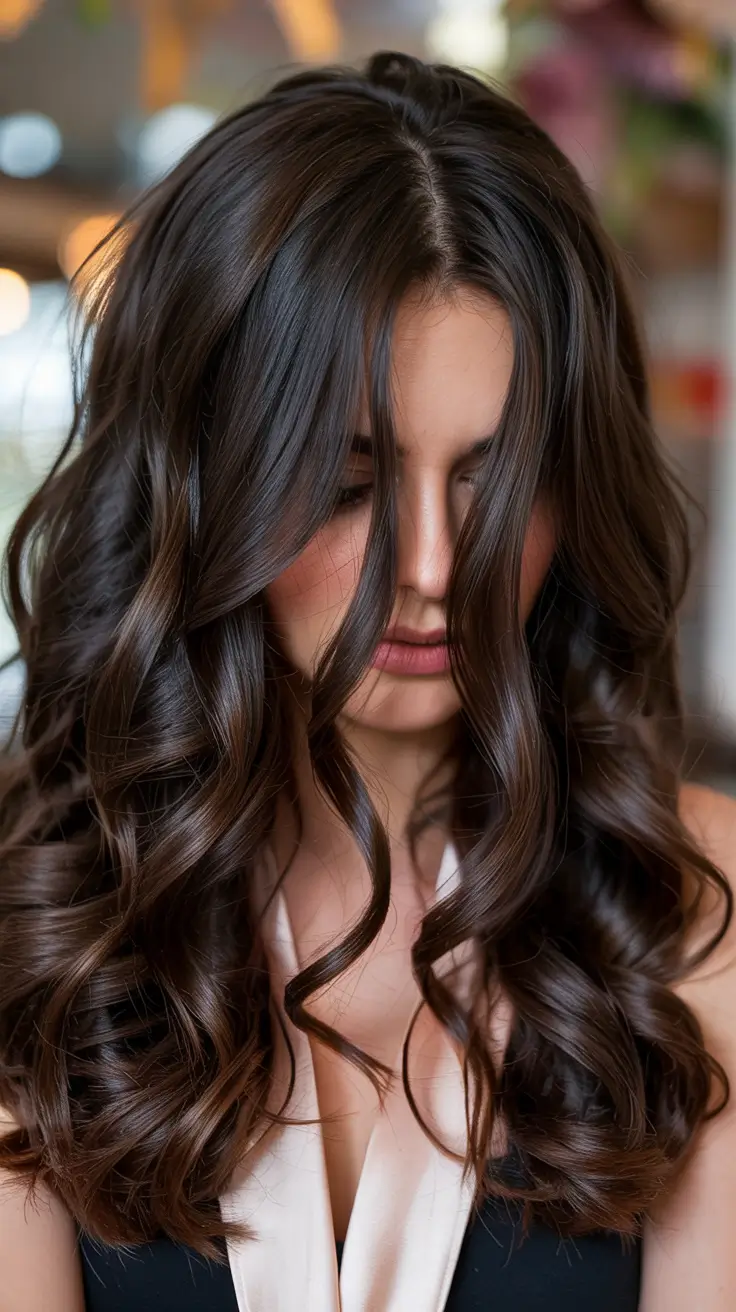 brunette hair colors 2026+High Gloss Brunette with Loose Hollywood Curls