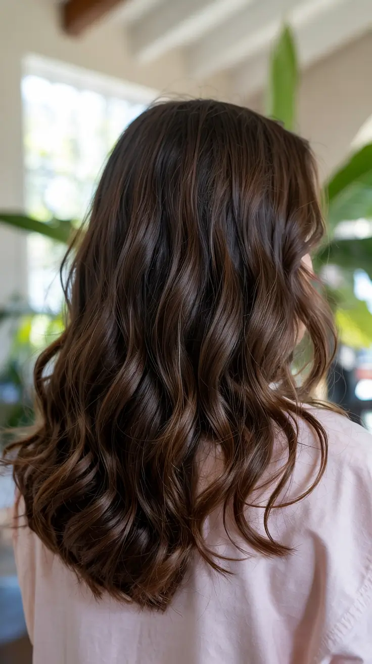 brunette hair colors 2026+Classic Cocoa Waves with Botanical Depth