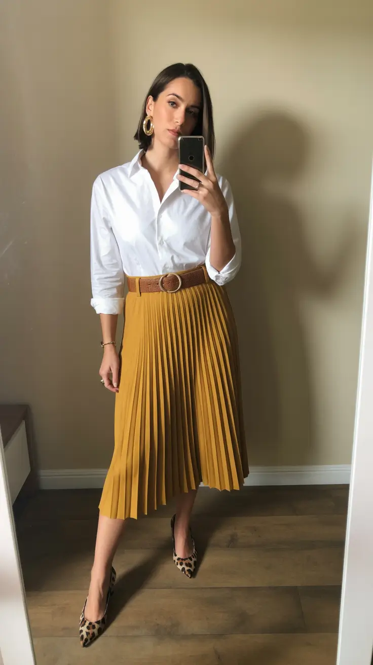 Casual office outfits for work 2026 Golden Pleats and White Classics