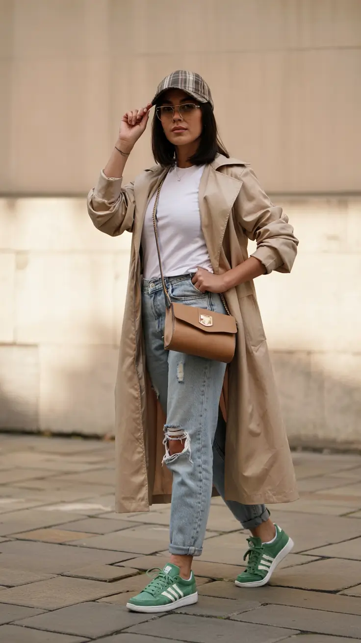 Casual outfits with sneakers 2026 Timeless-Trench-Meets-Playful-Sneakers