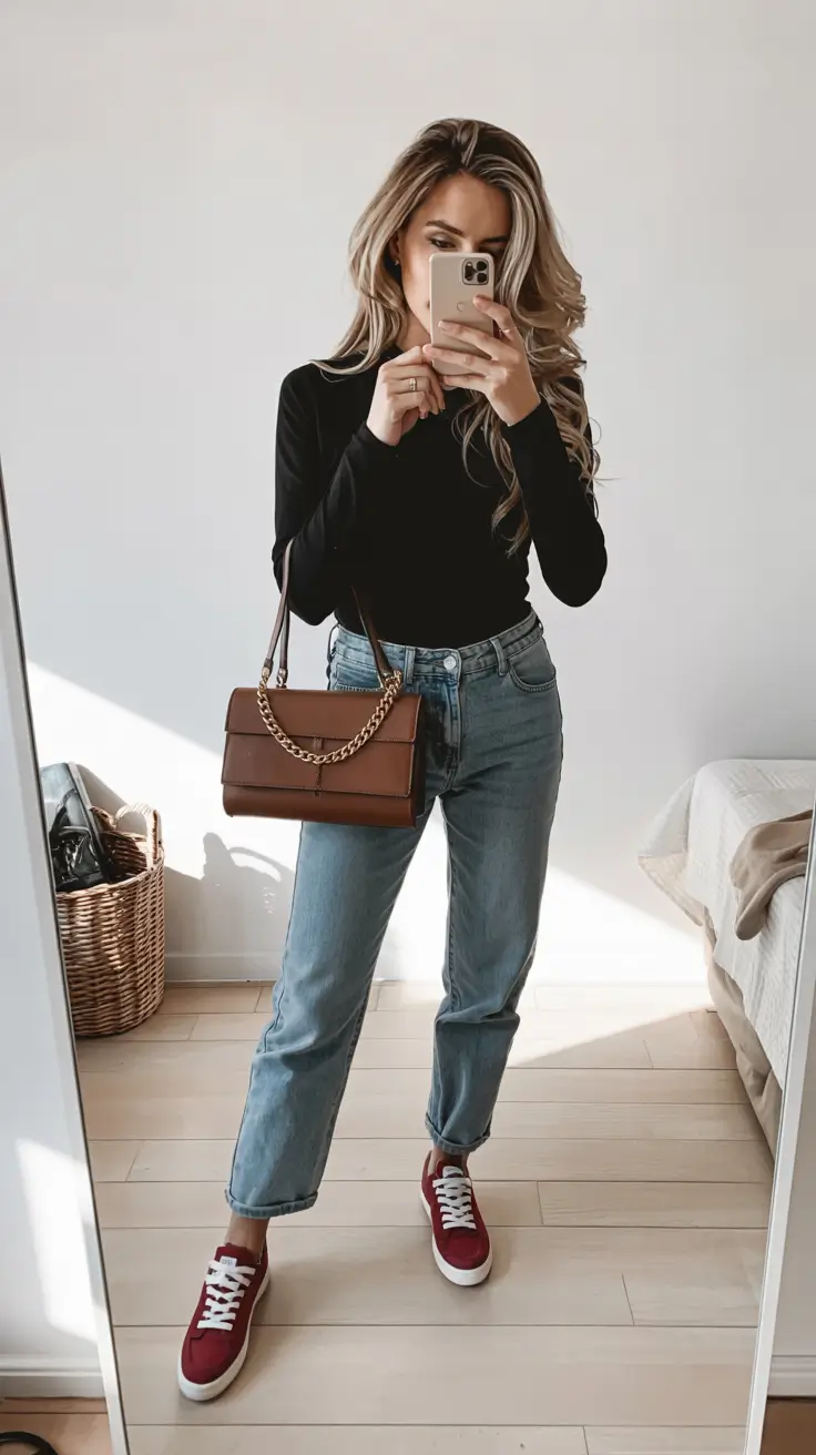 Casual outfits with sneakers 2026 Dark-Neutrals-With-a-Pop-of-Burgundy