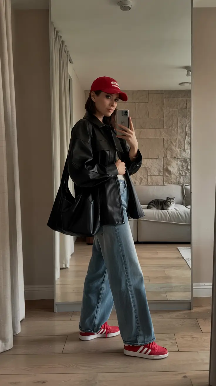 Casual outfits with sneakers 2026 Casual Leather Shirt with Relaxed Denim and Fiery Red Sneakers