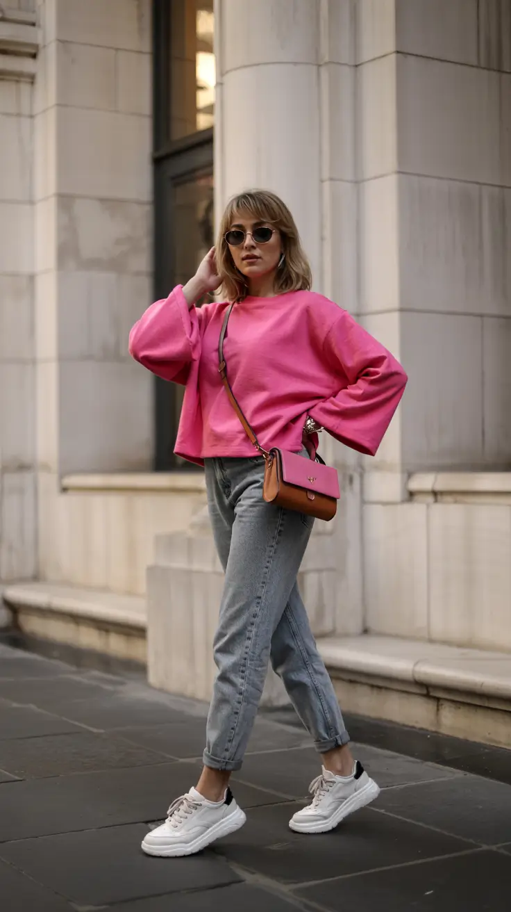 Casual outfits with sneakers 2026 Bright-Confidence-in-a-Pop-of-Pink