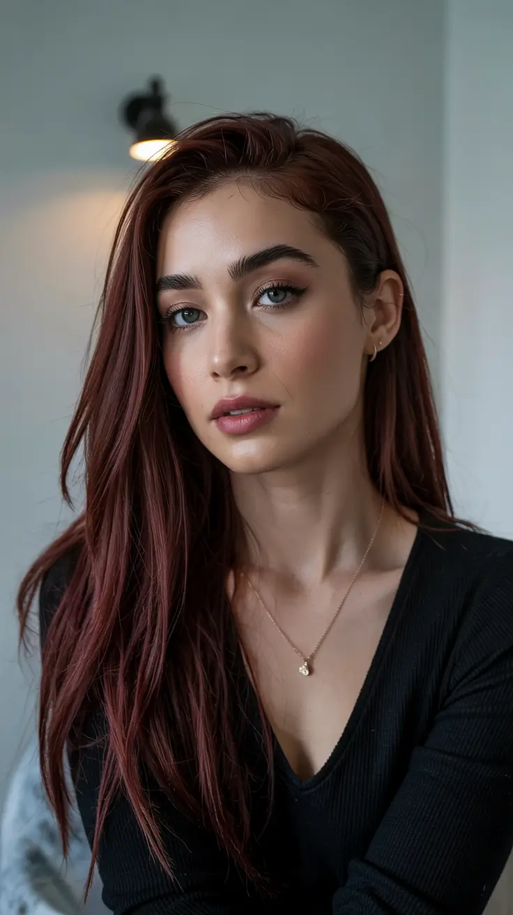 cherry red hair colors 2026 Soft Cherry Brunette with Natural Length