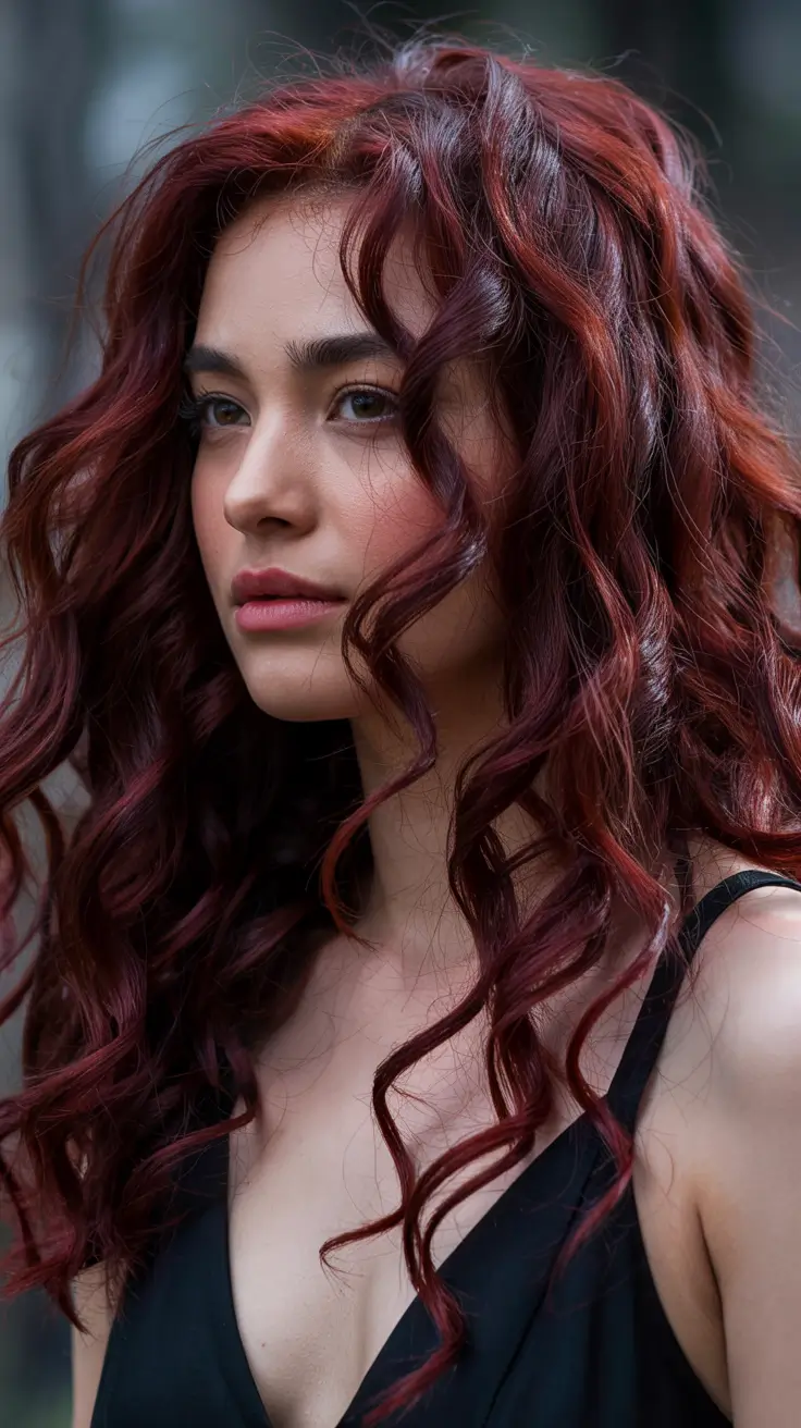 cherry red hair colors 2026 Wild Cherry Curls with Fiery Spring Highlights