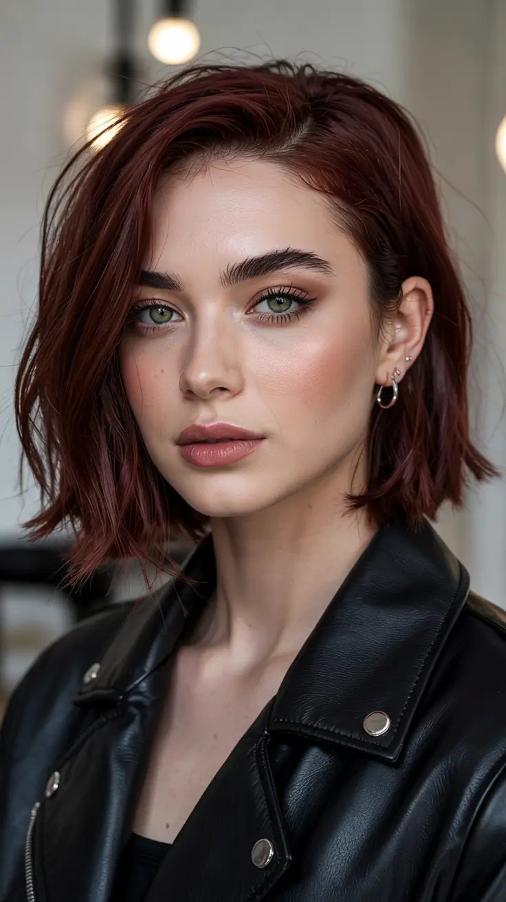 cherry red hair colors 2026 Cherry Leather Bob with Subtle Wine Tones