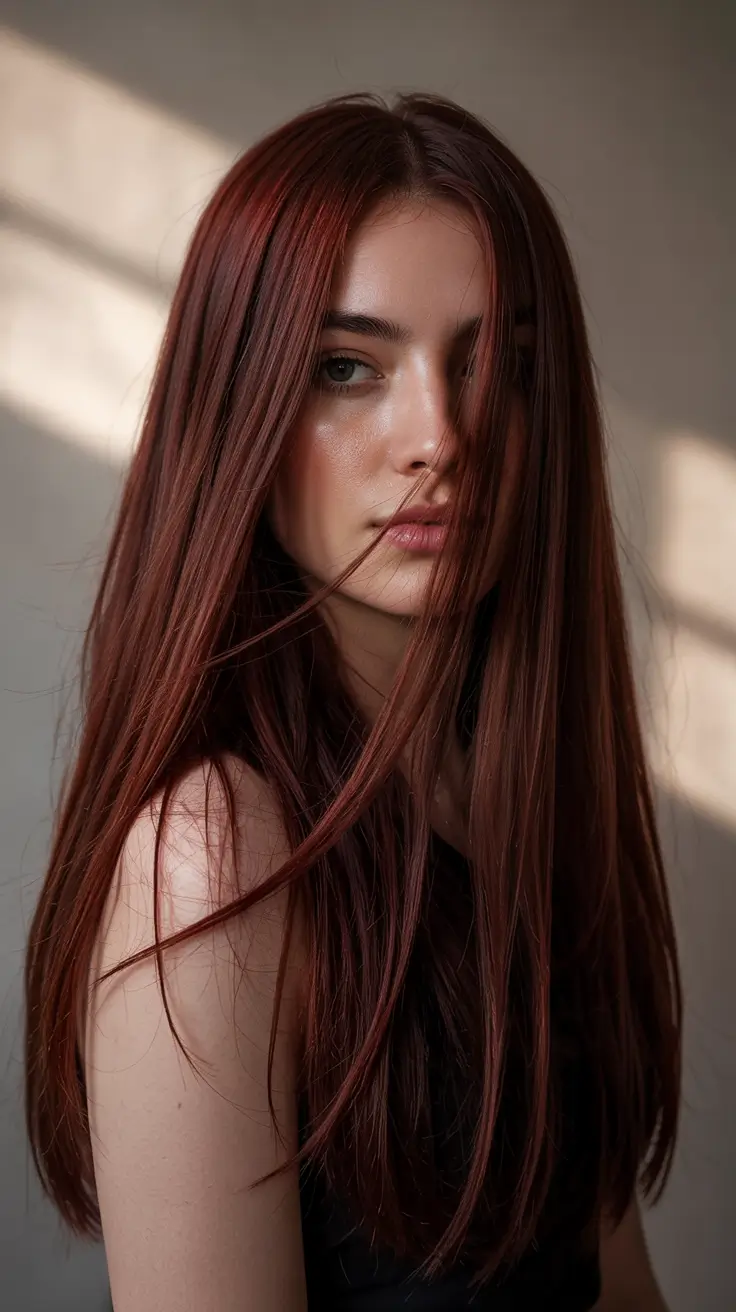 cherry red hair colors 2026 Straight Silk-Cherry Length with Subtle Firelight Tones