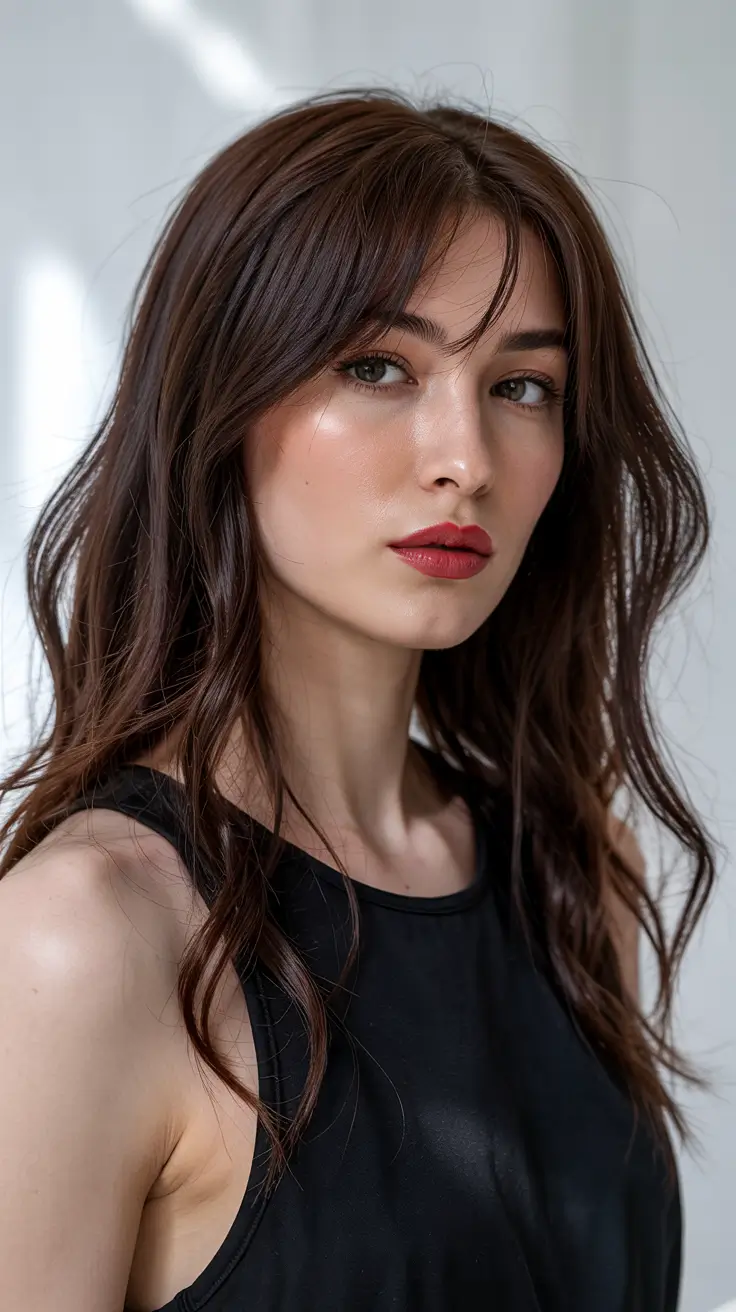 cherry red hair colors 2026 Deep Cherry Brunette with Wispy Curtain Fringe