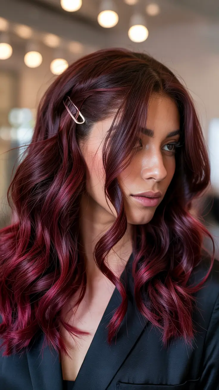 cherry red hair colors 2026 Berry-Glass Cherry Waves with a Polished Side Clip