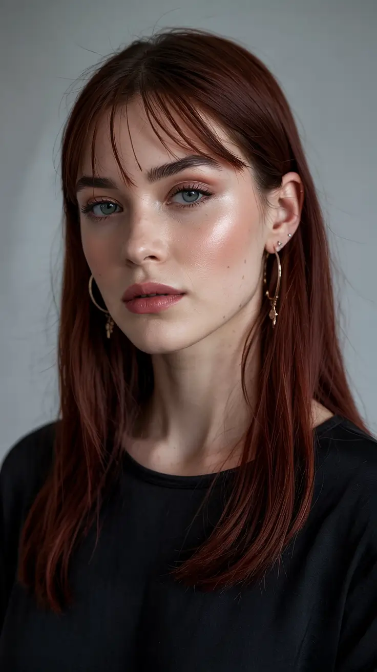 cherry red hair colors 2026 Soft Cherry Sienna Straight Cut with Delicate Fringe