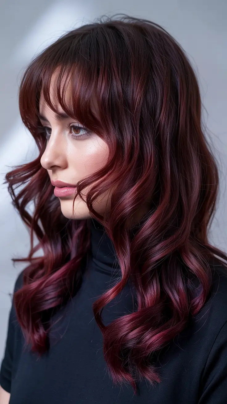 cherry red hair colors 2026 Plum-Cherry Layers with Soft Face-Framing Bangs