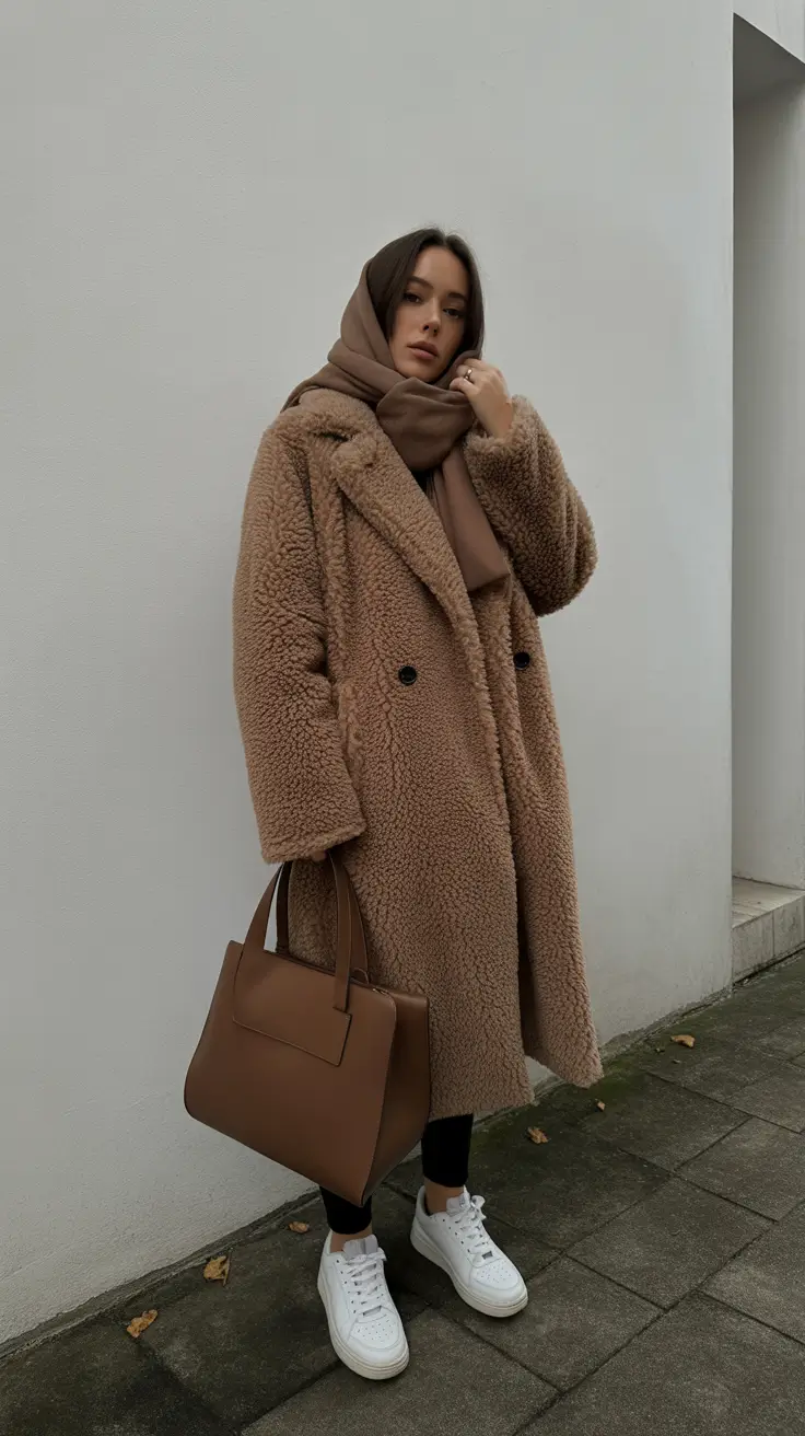 Chic cold weather outfits 2026 Teddy Texture and Tonal Layers