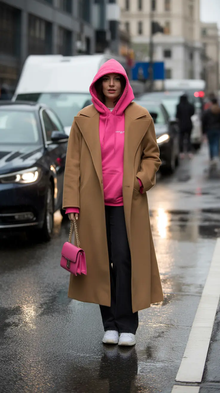 Chic cold weather outfits 2026 Street Style Pop Camel Meets Fuchsia