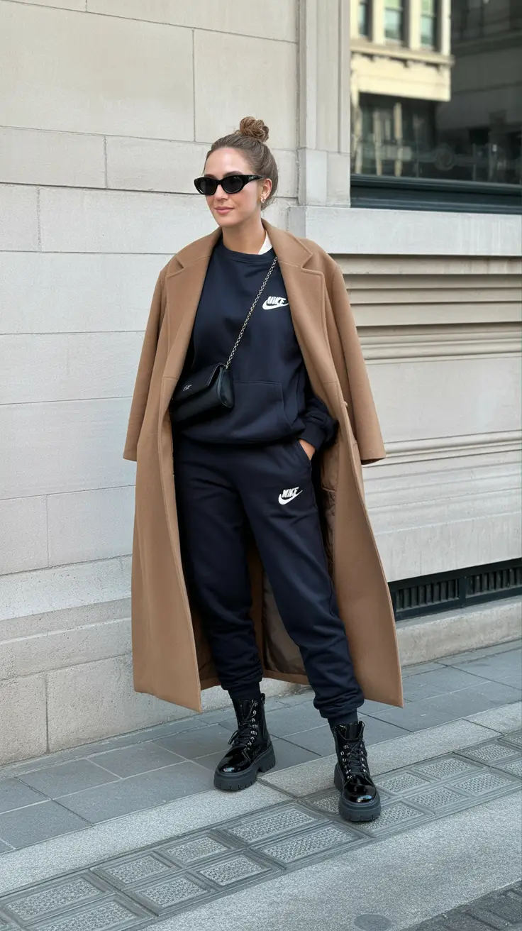 Chic cold weather outfits 2026 Sporty Luxe Camel Coat Meets Navy Tracksuit