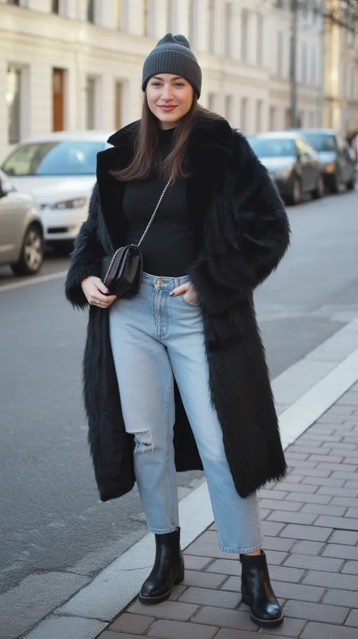 Chic cold weather outfits 2026 Effortless Cool Faux Fur and Denim Revival