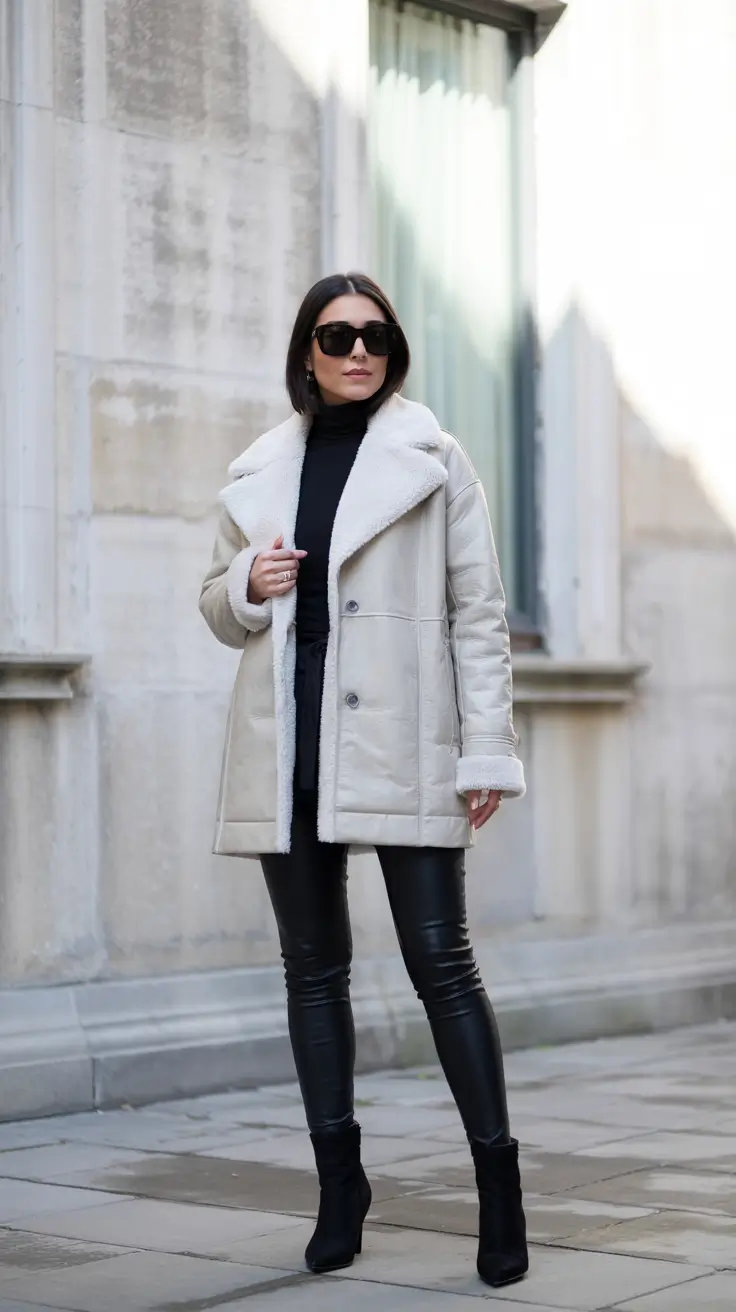 chic legging outfits 2026 Winter Luxe in Cream and Black