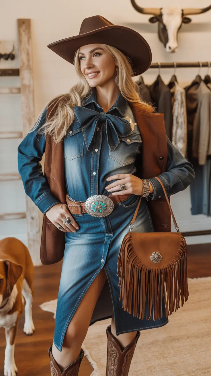 Chic rodeo outfits 2026 Fringe and Denim Sophistication