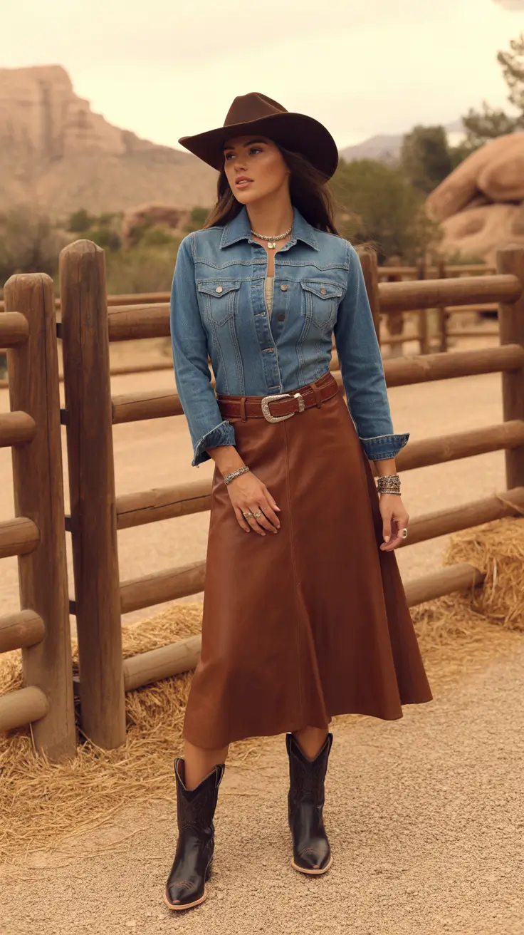 Chic rodeo outfits 2026 Denim and Saddle Leather Harmony