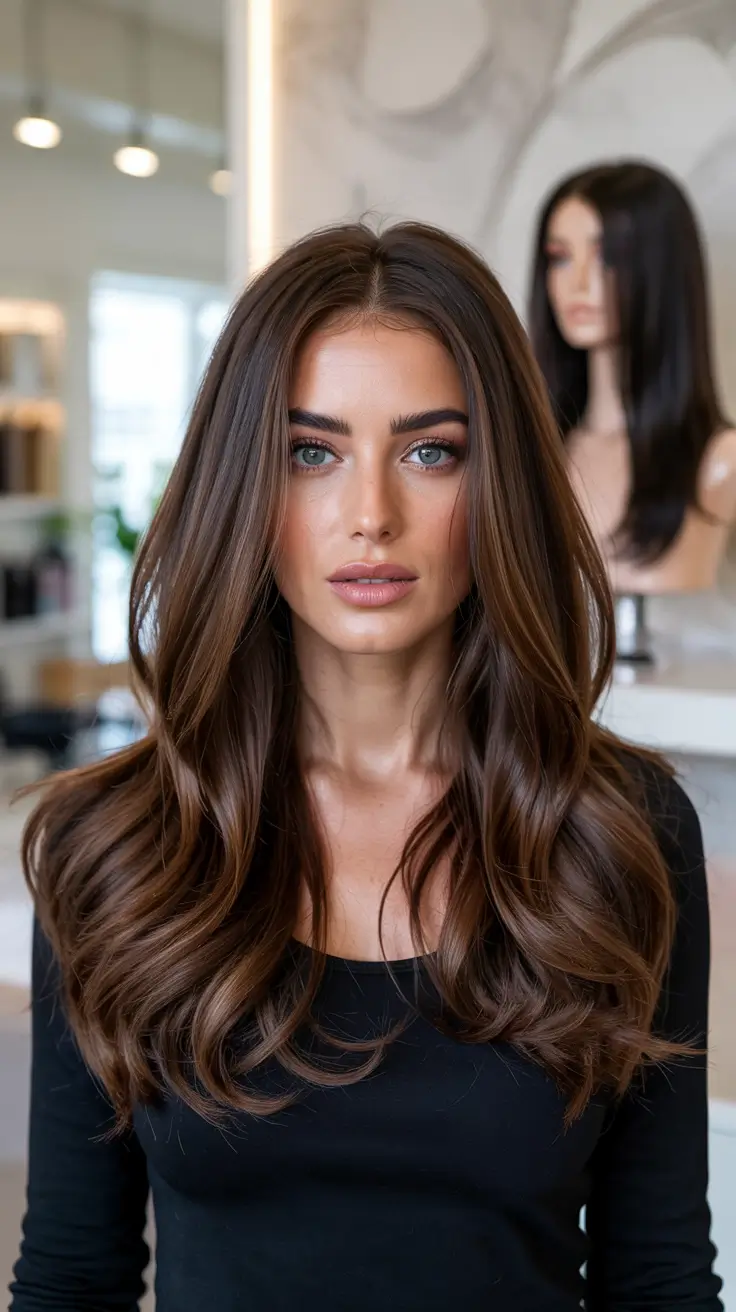 chocolate brown hair colors 2026 Glossed Mocha Luxe with Loose Curls