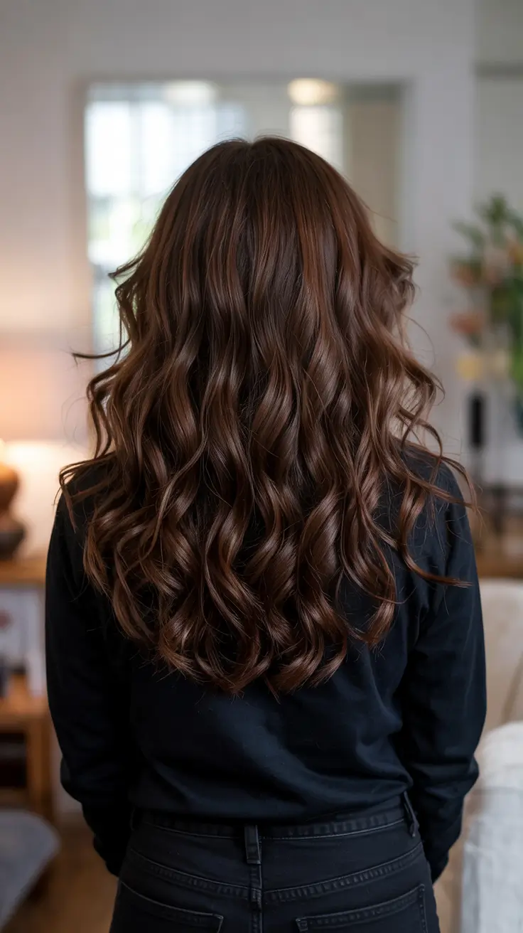 chocolate brown hair colors 2026 Soft Cocoa Curls with Sculpted Finish