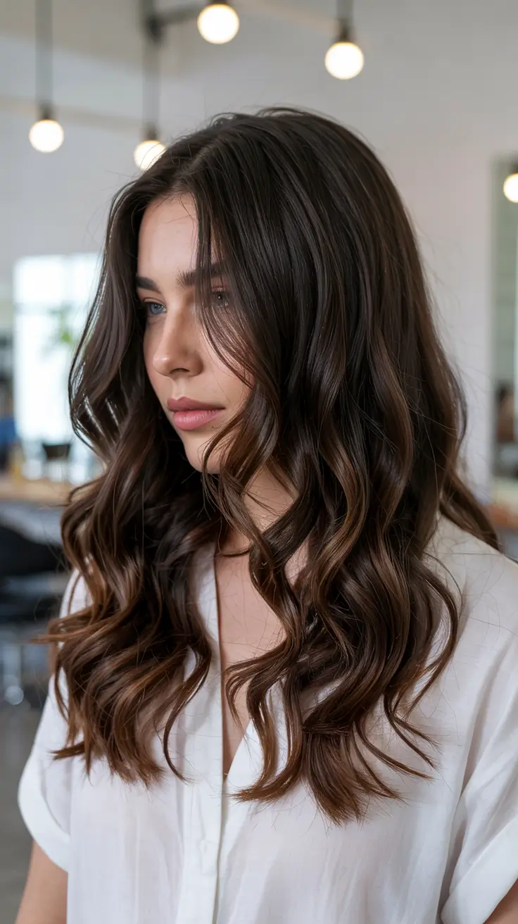 chocolate brown hair colors 2026 Cool Brunette with Soft Definition