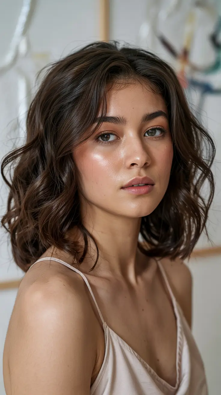 chocolate brown hair colors 2026 Airy Chocolate Lob with Barely-There Layers