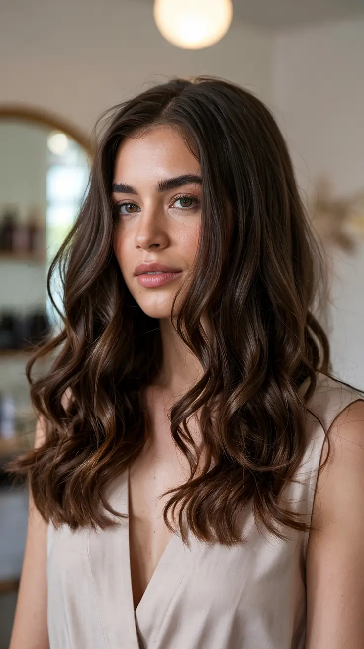 chocolate brown hair colors 2026 Hollywood Layers with Glossy Chocolate Ribbons