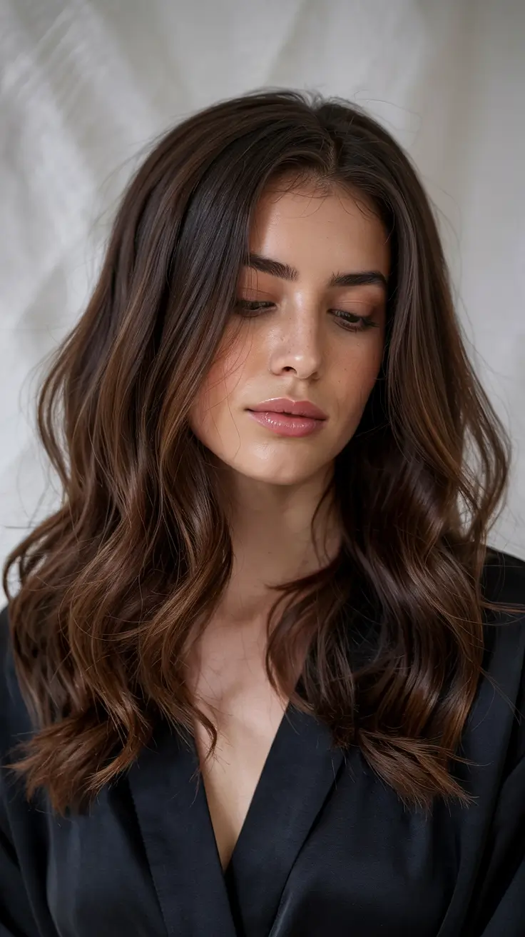 chocolate brown hair colors 2026 Effortless Loose Waves with Natural Finish