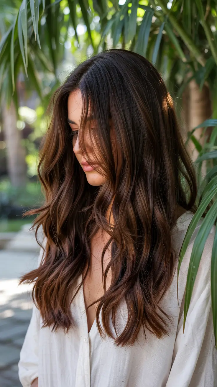 chocolate brown hair colors 2026 Botanical Chocolate with Earthy Elegance