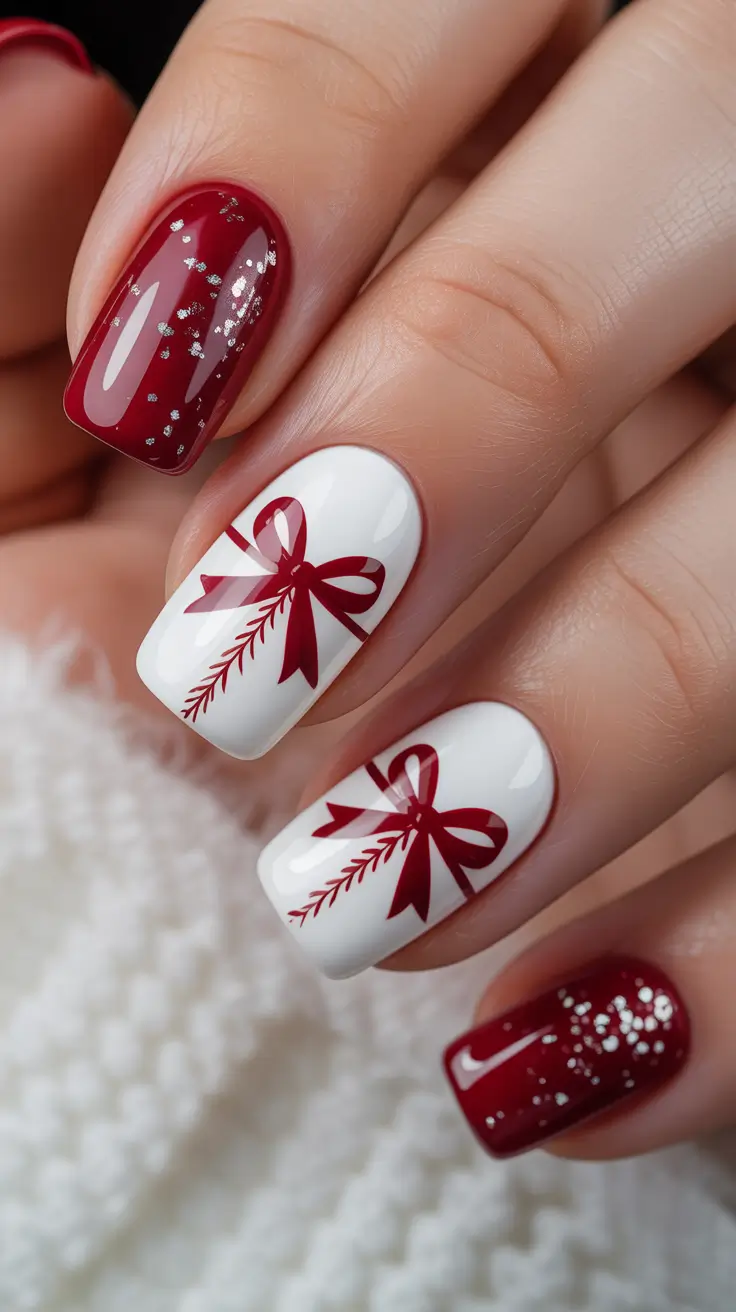 Christmas Nail Art 2025 Gift Ribbon Elegance