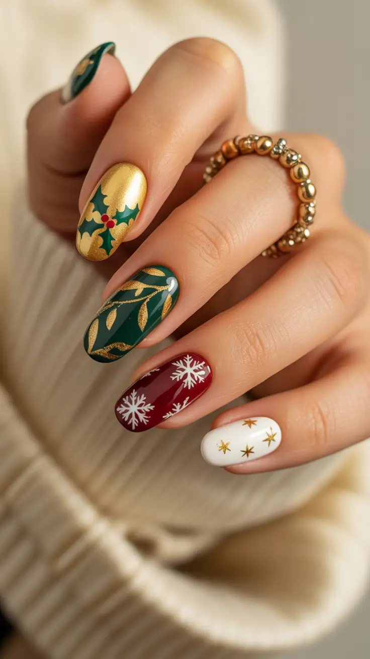 Christmas Nail Art 2025 Golden Holly Luxe