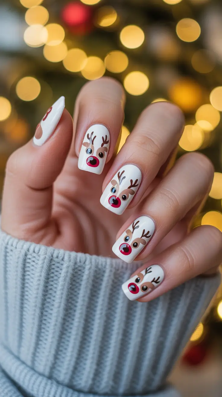 Christmas Nail Art 2025 Snowy White Reindeer