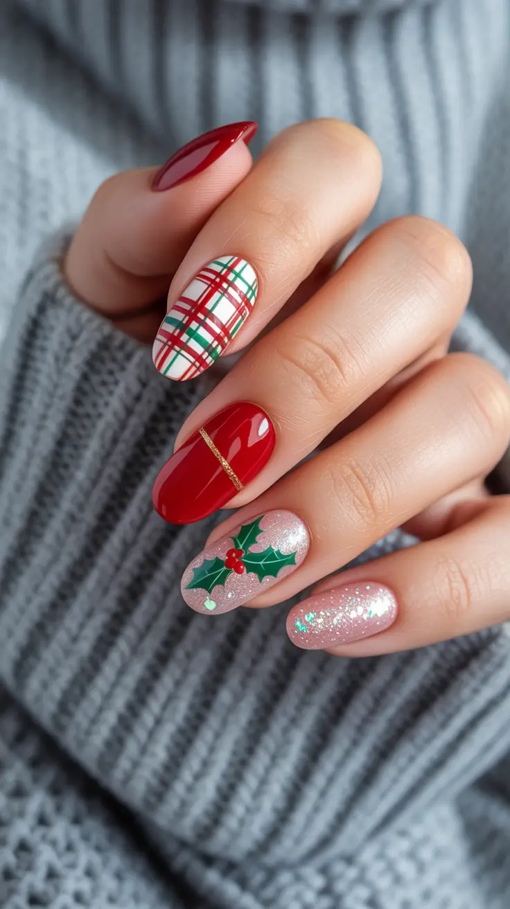 Christmas Nail Art 2025 Festive Plaid & Holly Mix