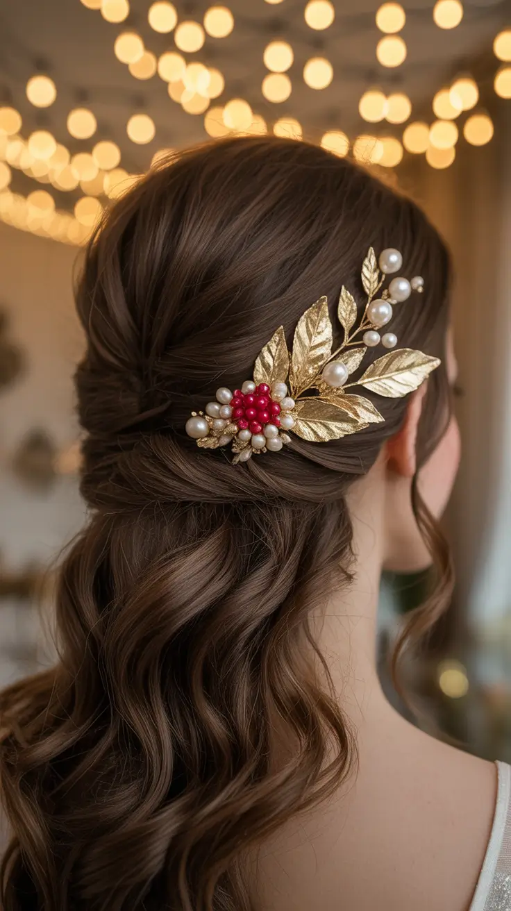 Christmas Party Hairstyles Trends 2025 Golden Leaves and Pearls Vintage Luxe Hair Trend