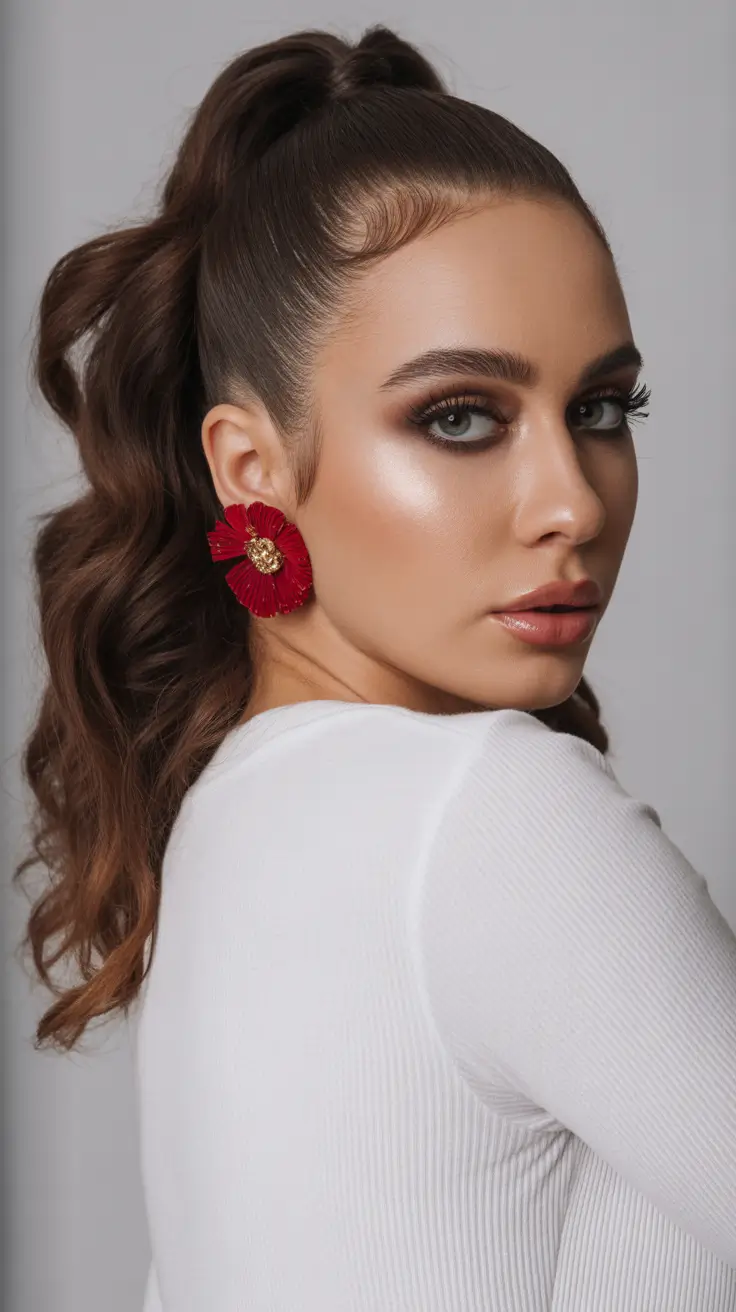 Christmas Party Hairstyles Trends 2025 High Ponytail with Red Accents