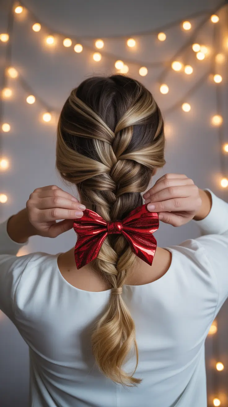 Christmas Party Hairstyles Trends 2025 Classic Braided Glam with a Red Bow Twist