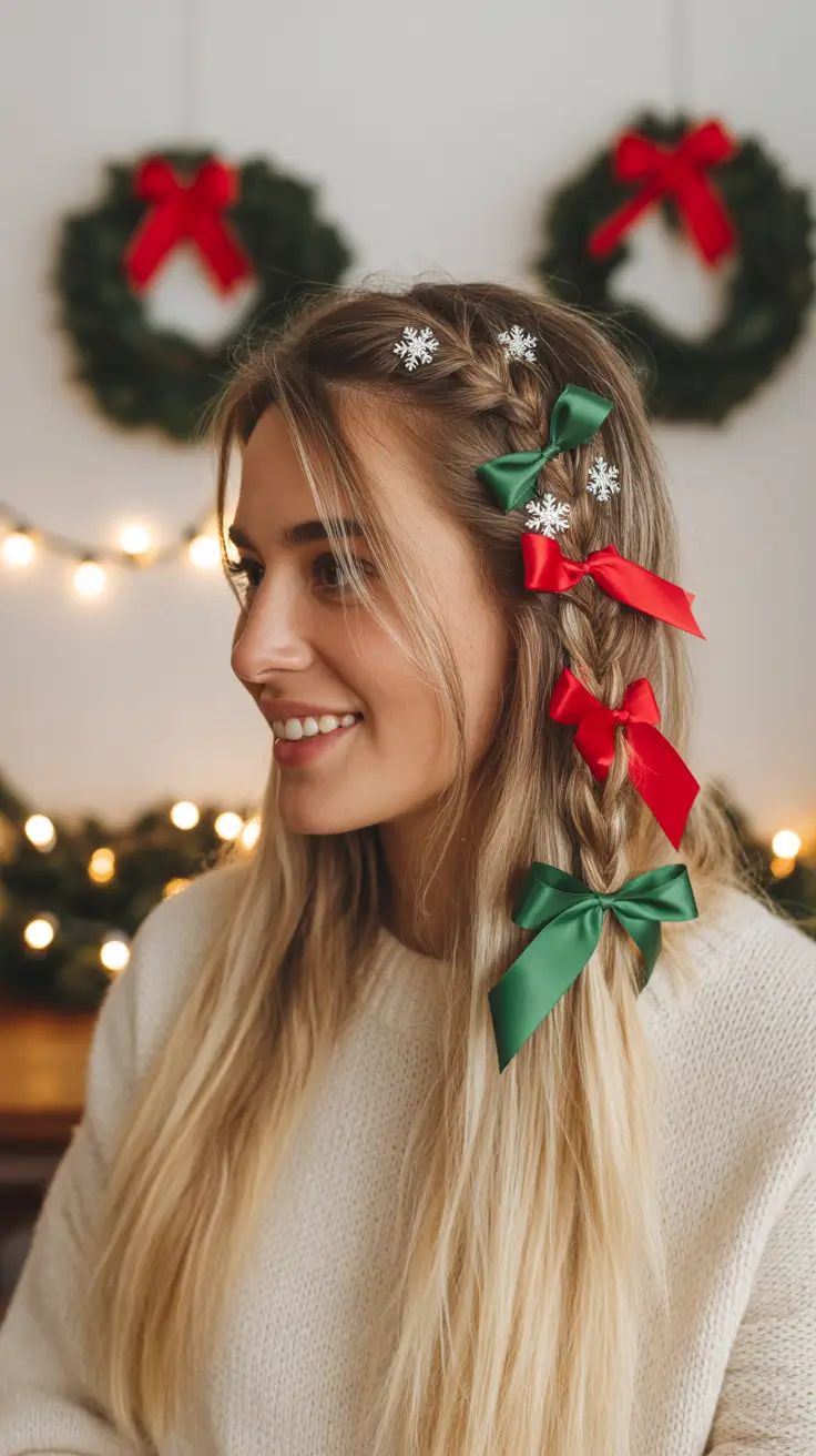 Christmas Party Hairstyles Trends 2025 Festive Ribbon Braid with Snowflake Sparkle