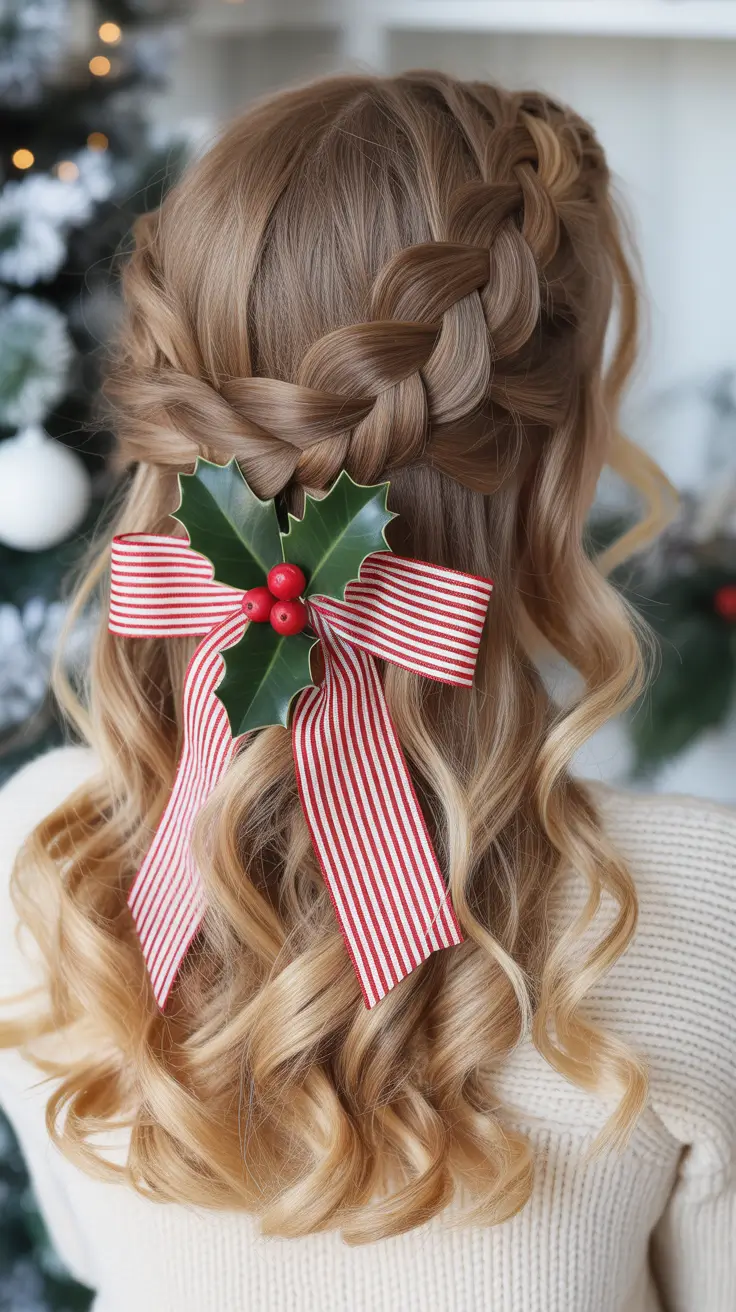 Christmas Party Hairstyles Trends 2025 Whimsical Half-Braid with Holiday Ribbon