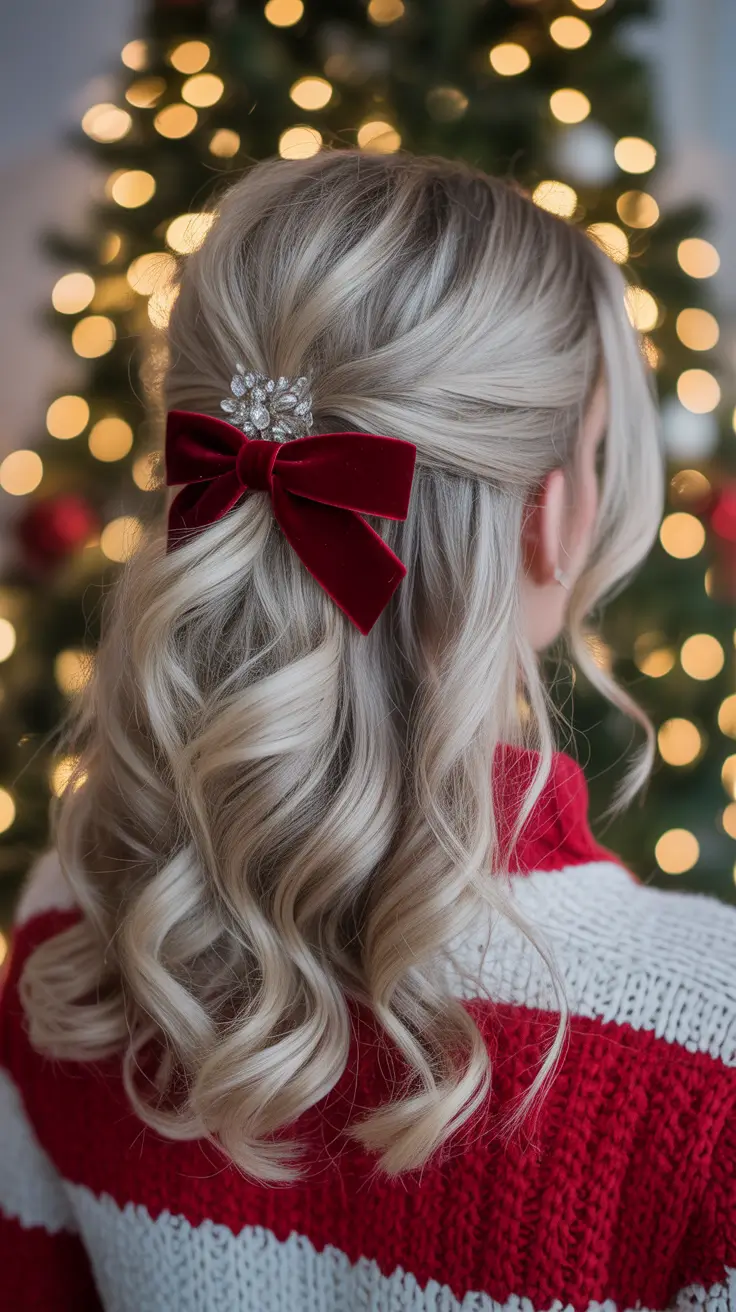 Christmas Party Hairstyles Trends 2025 Soft Half-Up Curls with Velvet Bow