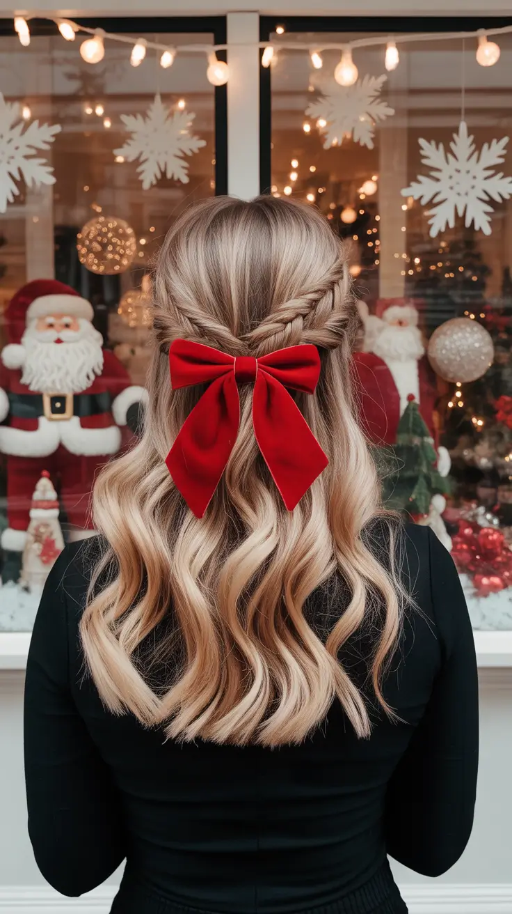 Christmas Party Hairstyles Trends 2025 Romantic Braided Half-Up with Scarlet Ribbon