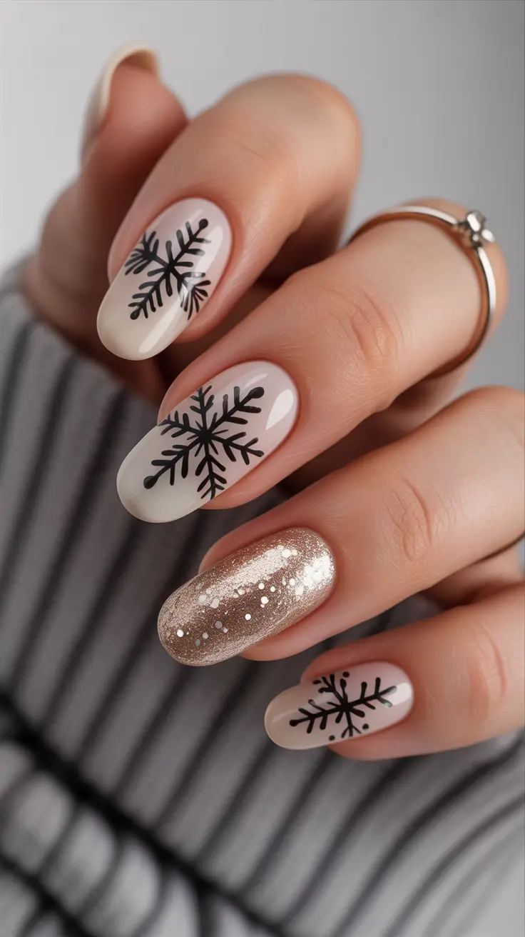 Cute Simple Nail Ideas for Christmas 2025 Champagne Snowflakes