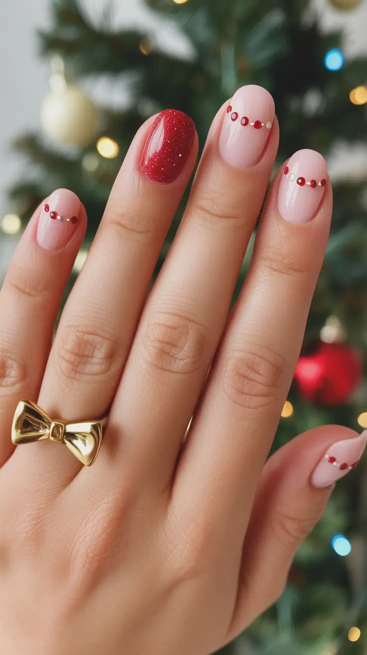 Cute Simple Nail Ideas for Christmas 2025 Rhinestone Garland Charm
