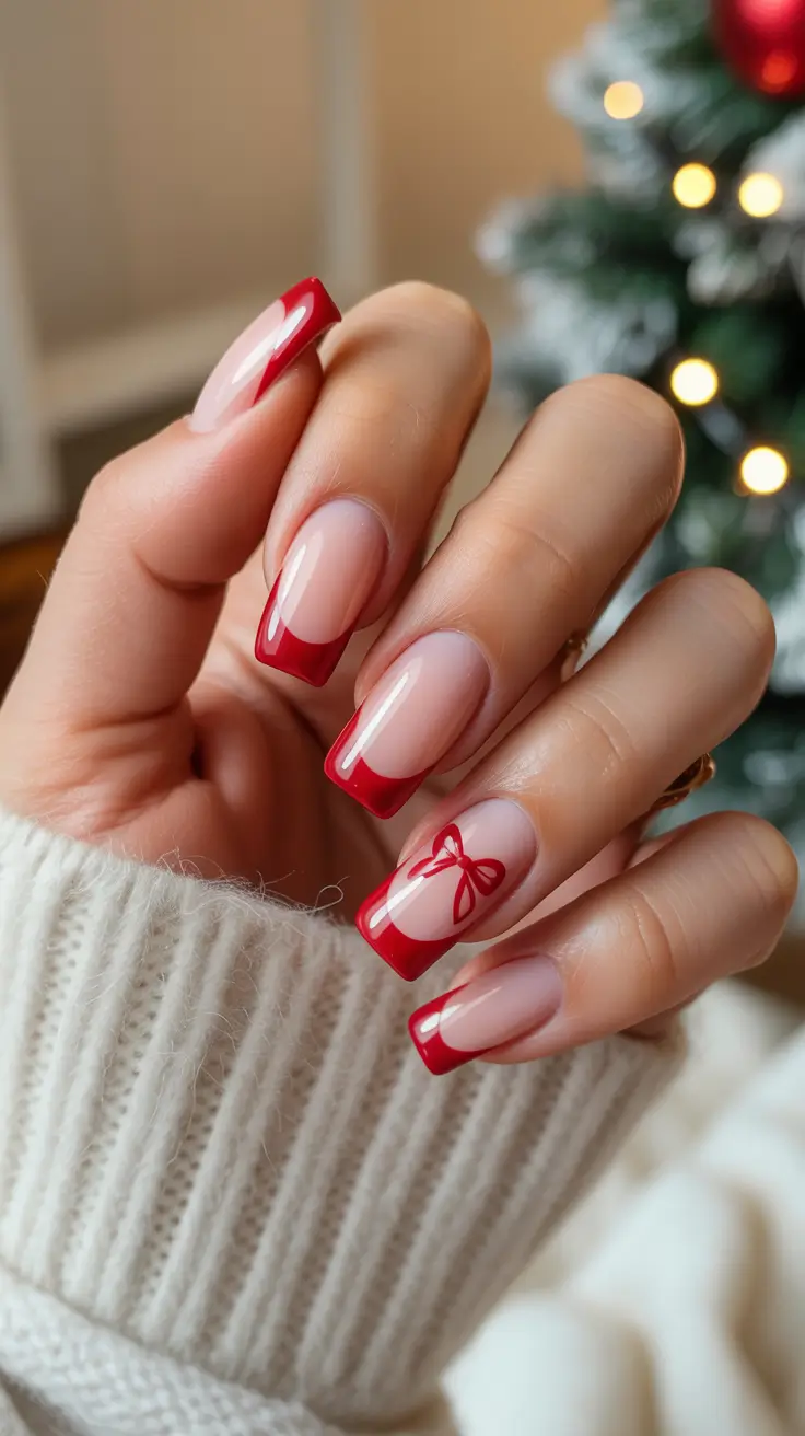Cute Simple Nail Ideas for Christmas 2025 Festive Ribbon French