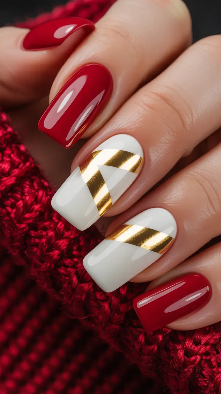 Cute Simple Nail Ideas for Christmas 2025 Golden Candy Stripes