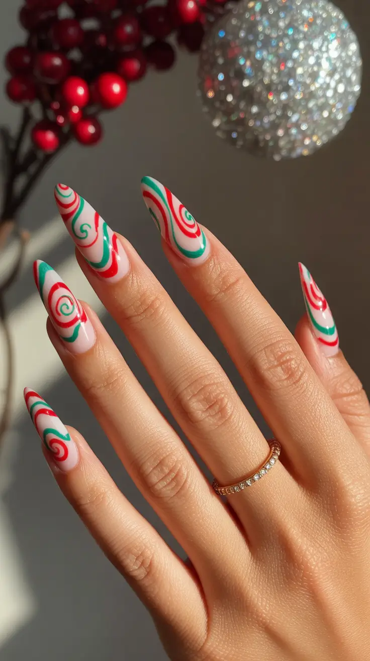 Cute Simple Nail Ideas for Christmas 2025 Peppermint Swirl Fantasy