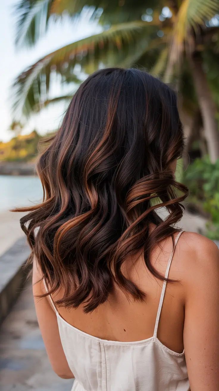 dark brown hair colors 2026 Sunset Bronze Waves on Deep Brunette