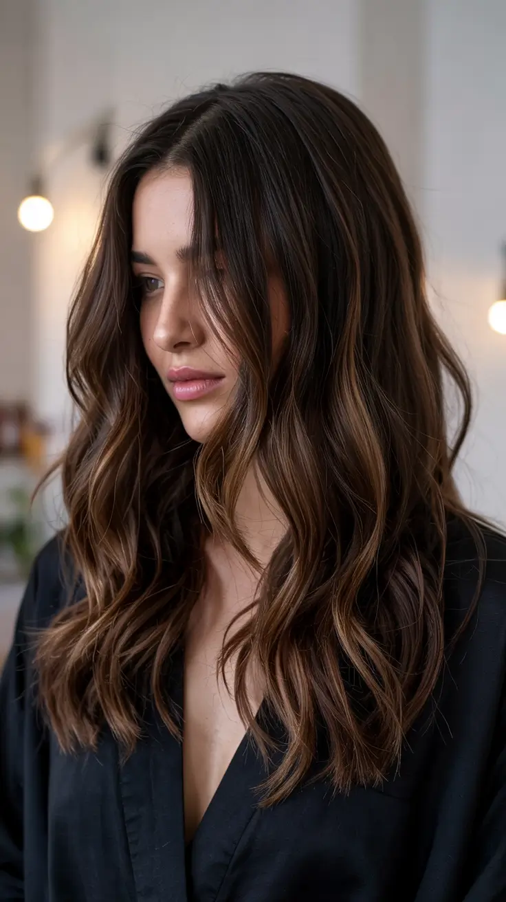 dark brown hair colors 2026 Toffee-Kissed Brunette Waves